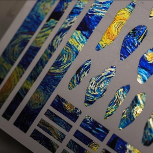 Nail art sticker featuring Van Gogh Starry Night oil painting texture with UV metal finish