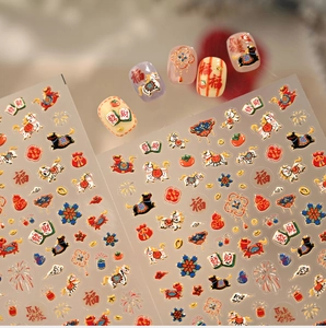 Detail of Chinese New Year nail stickers featuring zodiac horse and festive gold motifs