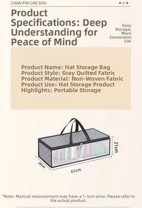 Close-up of gray non-woven hat storage bag with clear window and black handle