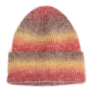 Chunky tie-dye gradient rainbow knit beanie hat for women featuring a warm folded cuff style