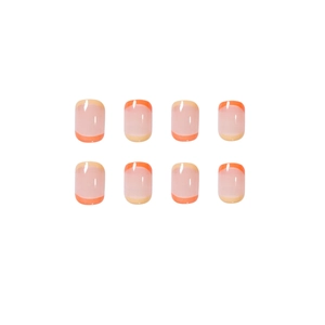 Minimalist orange and beige French tip press-on nails in short square shape flat layout