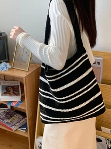 Minimalist Striped Knitted Tote Bag For Women Polyester Crochet Woven Shoulder Purse Large Capacity Casual Handbag