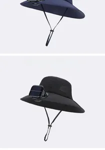 Detail of outdoor sun hat featuring integrated solar fan and breathable mesh fabric