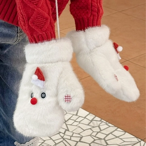 Thick plush white mittens with red Santa hat and neck strap for winter warmth
