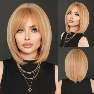 Perruque Carré Court Blond Doré Mèches Blanches Cheveux Synthétiques Résistants À La Chaleur Frange Latérale Lisses Pour Femmes Style Quotidien Fête