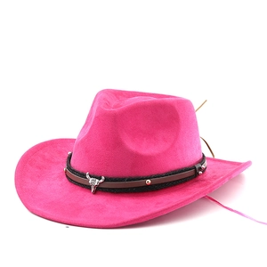 Western style magenta pink faux suede cowboy hat with metallic bull skull ornament