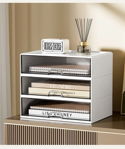 Three-layer white desk storage box with transparent drawers and small metal handles