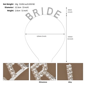 Detailed dimensions and macro view of rhinestone Bride headband with alloy lettering