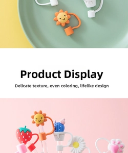 Close-up of cute silicone straw covers featuring sunflower and strawberry designs
