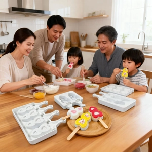 DIY heart shaped silicone ice cream mold set with wooden sticks for homemade popsicles
