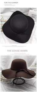 Detail of black and brown wide brim wool cloche hats with decorative bow on props
