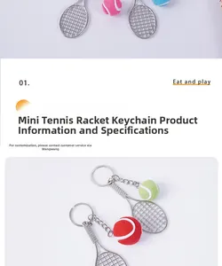 Detailed macro view of mini tennis racket keychain with realistic vibrant felt ball