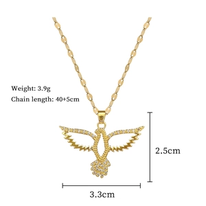 Detailed specs showing gold owl pendant with crystals and 40+5cm chain length measurement