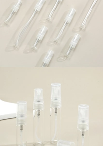 Detailed views of clear glass perfume spray bottles in multiple sizes with pump caps