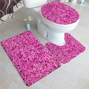 3-piece rose floral bathroom mat set including toilet lid cover and non-slip rugs