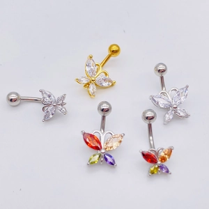 Macro shot of stainless steel butterfly navel rings with colorful AAA zircon inlays