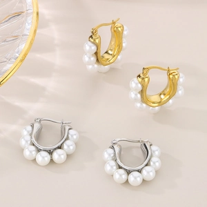Elegant 18k gold and silver U-shaped C-hoop earrings with five inlaid white pearls