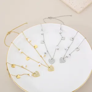 Heart Pendant Necklace And Bracelet Jewelry Set Stainless Steel With Shell Artificial Pearl Rhinestone Elegant Fashion For Women