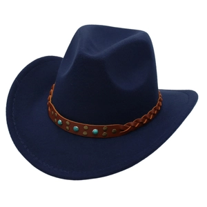 Chapeau de cowboy bleu marine classique avec ruban en cuir tressé et turquoise