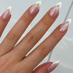 French Tip Almond Press On Nails Gold Star Metal Decor Pink White Minimalist Manicure False Nails For Women