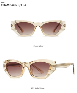 Dettaglio occhiali da sole cat-eye champagne con montatura geometrica e lenti sfumate tè