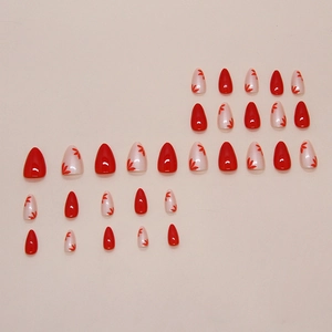 Red flower almond press-on nails with glossy finish, featuring 24 pieces in a set