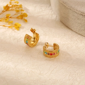 Retro gold C-shaped stainless steel earrings with colorful crystal stones for women