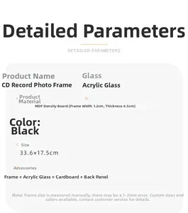 Detailed technical diagram of black MDF CD record frame showing 33.6x17.5cm dimensions