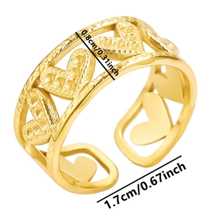 Macro shot of gold hollow heart ring showing dimensions 0.8cm width and 1.7cm diameter