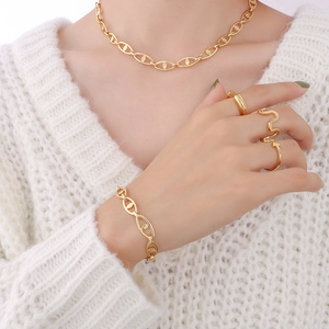 18K gold plated titanium steel jewelry set featuring necklace bracelet and rings