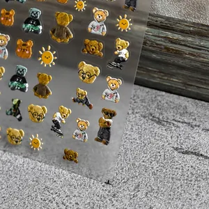 3D embossed cartoon bear nail stickers with hip-hop style teddy designs for DIY nail art