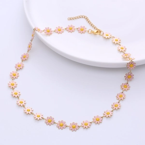 Bohemian 18k gold plated stainless steel necklace with pink enamel daisy flowers