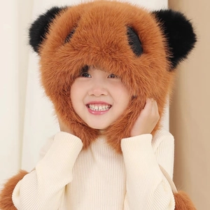 Brown panda-themed plush winter hat for kids with ear flaps and black fuzzy ears
