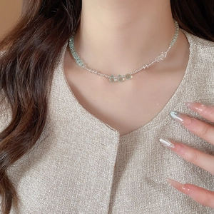 Elegant double layer beaded necklace with green prehnite and silver beads on model