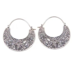 Ethnic vintage silver semi-circle earrings with intricate bohemian embossed patterns
