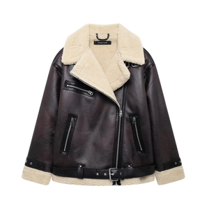 Detail of faux leather shearling jacket with beige fur collar and metal buckle accents