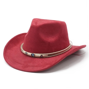 Red suede western cowboy hat with wide brim and beaded ethnic evil eye band for unisex style