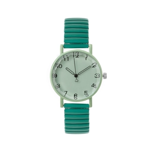 Detail of green quartz watch featuring a numeric dial and textured elastic band
