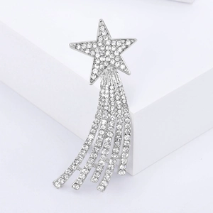 Elegant silver star tassel brooch with sparkling rhinestones for stylish coats and suits
