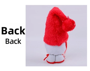 Detailed back view of a plush Christmas gnome with red hat and gray fabric body