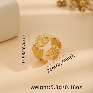 Detail of adjustable gold laurel leaf ring with precise dimensions and weight measurements