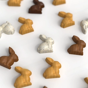 Detailed view of small 3D rabbit shapes created from the silicone chocolate baking mold
