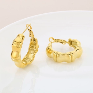Luxurious 18K gold plated bamboo bone style hoop earrings in polished stainless steel