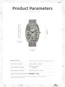 Detailed spec chart for silver tonneau crystal watch with 55mm oversized iced out dial