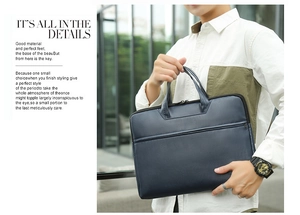 Detail view of water-resistant deep blue leather business briefcase for men with handles