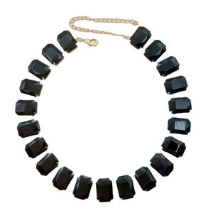 Rectangle black crystal gemstone necklace with gold plated metal link chain