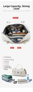 Detail view of large white quilted travel bag showing dry-wet separation and interior storage