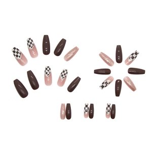 Chocolate brown coffin press-on nails with luxury gold foil and irregular checkered patterns