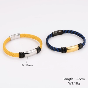 Braided leather bracelets in yellow and blue-black with stainless steel metal clasp