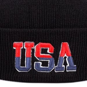 Black knit beanie with USA embroidery for winter sports and outdoor casual wear